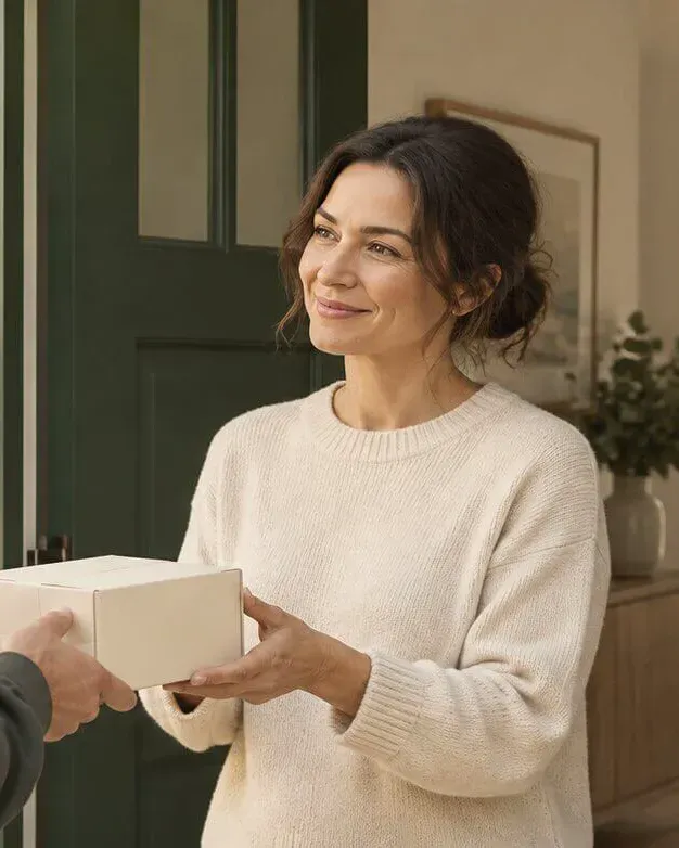 A GLPlus Care delivery box opened on a kitchen counter.